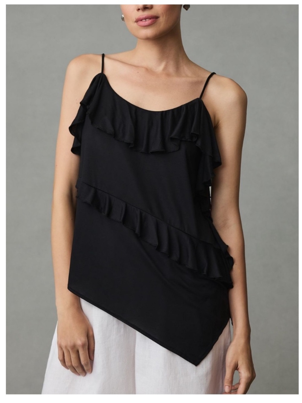 NWT ANTHROPOLOGIE Asymmetrical Ruffle Tank Top in Black